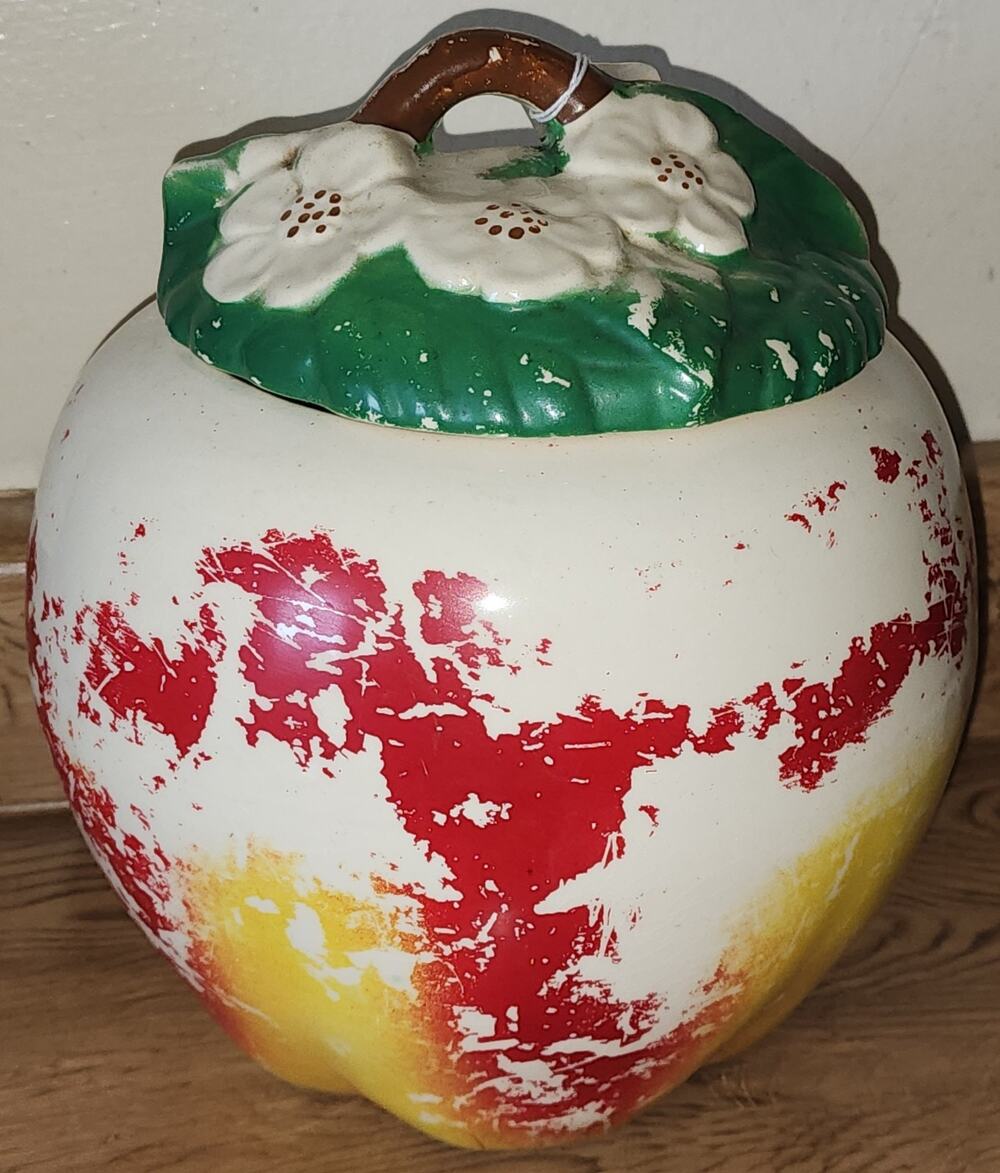 Aged Ceramic Apple Cookie Jar W/ Blossoms Farmhouse Kitchen Storage See Desc.